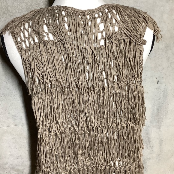 🍒 FRINGE VEST CROCHET NET MIDI DUDSTER BOHO CHIC TAN BOHEMIAN COUTURE COVER - Picture 6 of 9